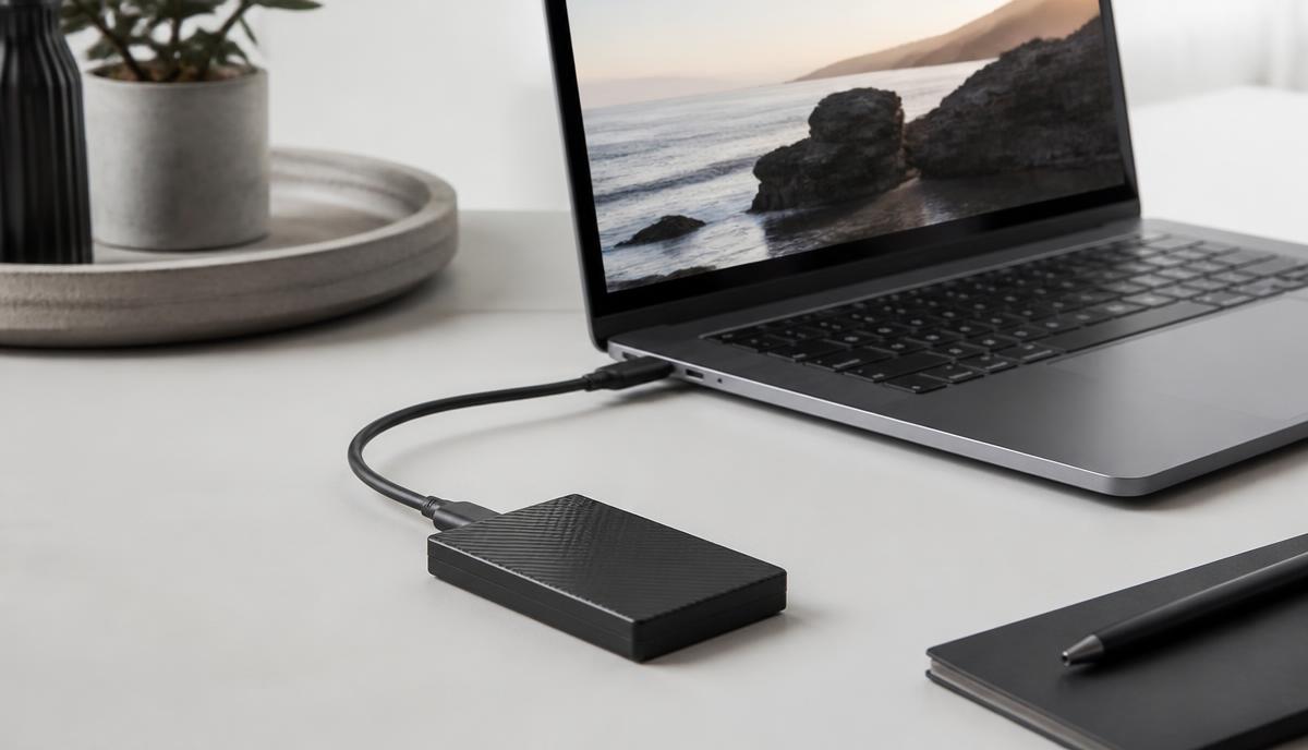 A laptop and an external drive side by side on a desk