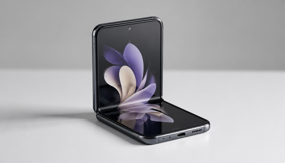 A folding smartphone partially open on a neutral background